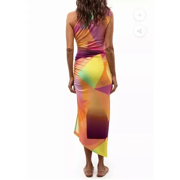 New SMYTHE Abstract Neon Print One Shoulder Jersey Stretch Ruched Midi Dress 10 - Picture 4 of 6